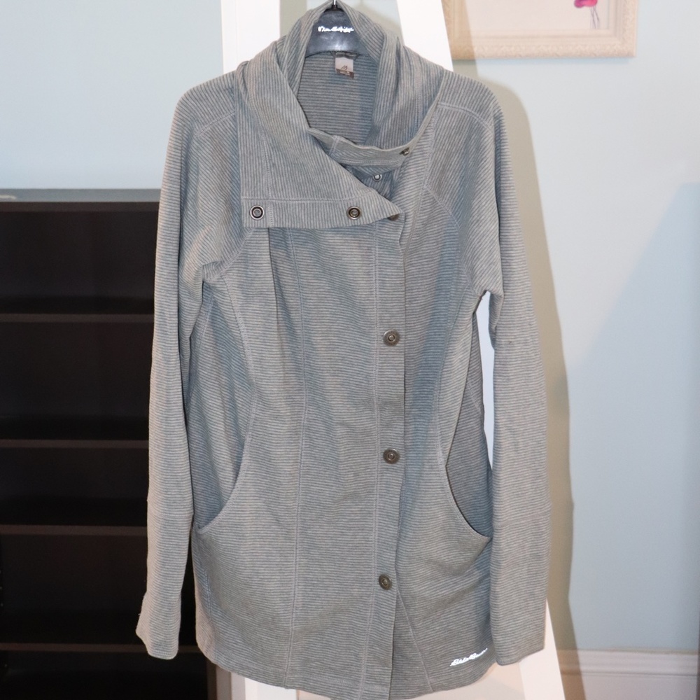 Teal & Gray striped Eddie Bauer Sweater Jacket - Size M